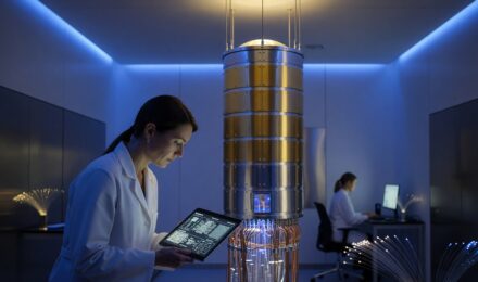Futuristic quantum computer chip glowing with light representing quantum computing in everyday life