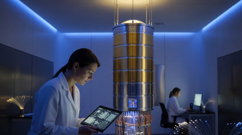 Futuristic quantum computer chip glowing with light representing quantum computing in everyday life