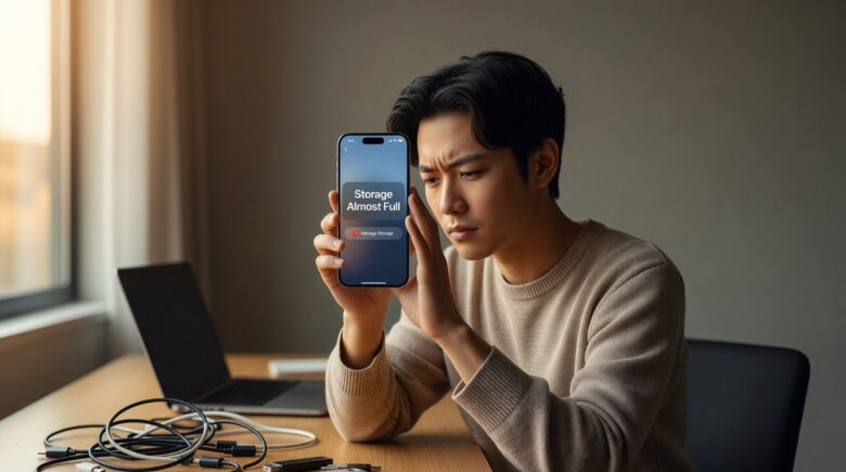 Person freeing up storage space on a smartphone screen