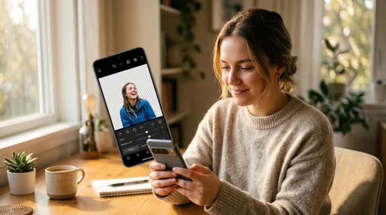 Person using a smartphone app to remove background from a photo