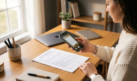 Person using phone as a document scanner to capture a paper document on a desk
