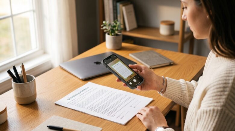 Person using phone as a document scanner to capture a paper document on a desk