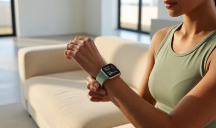 Person wearing a smartwatch displaying real-time health tracking data on wrist