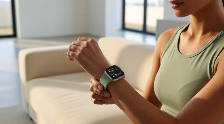 Person wearing a smartwatch displaying real-time health tracking data on wrist