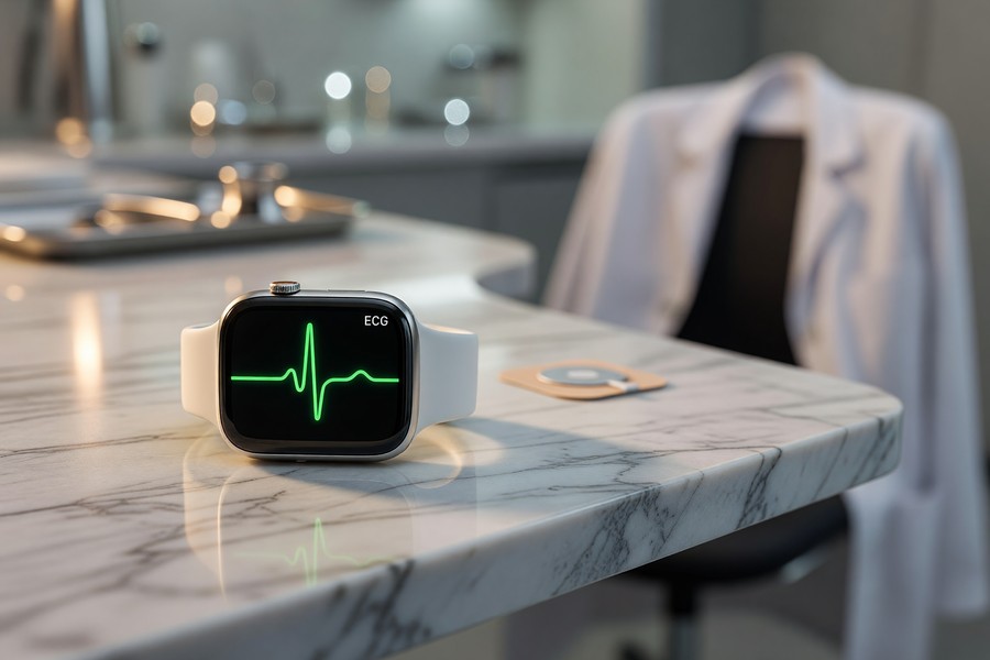 Person reviewing health data dashboard on smartphone synced to wrist wearable device