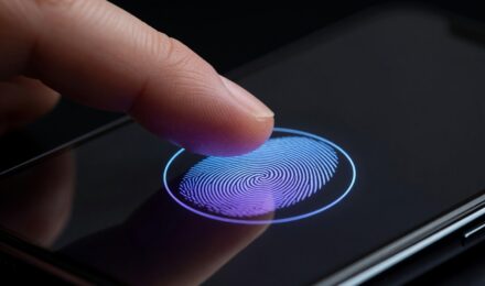 Close-up of an in-display fingerprint sensor scanning a finger on a modern smartphone screen