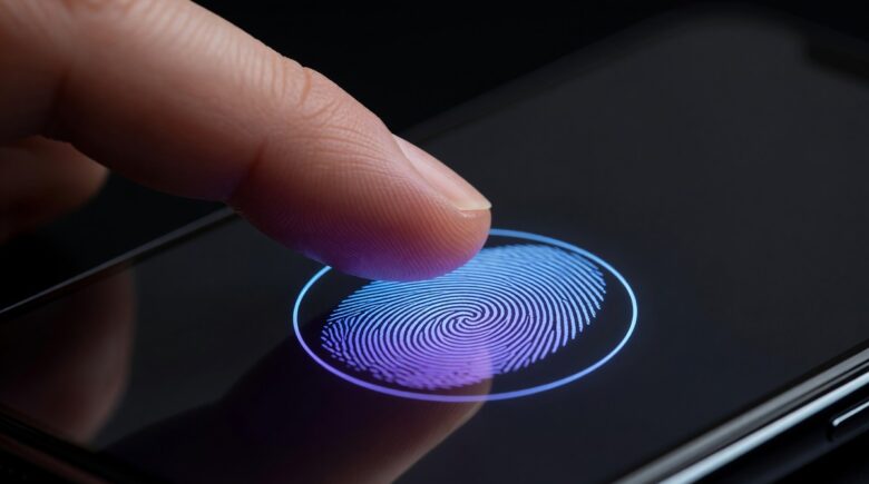 Close-up of an in-display fingerprint sensor scanning a finger on a modern smartphone screen