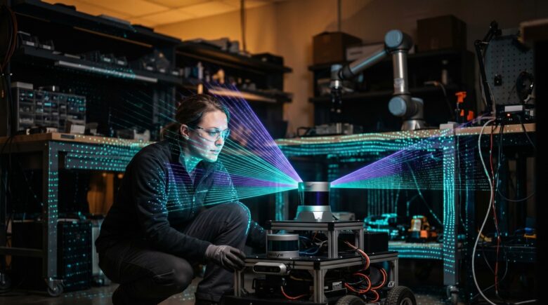 Close-up of a LiDAR sensor emitting laser pulses to scan and map a 3D environment