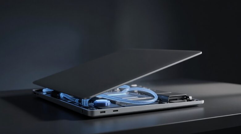 Liquid cooling system inside a consumer laptop showing tubes and heat dissipation technology