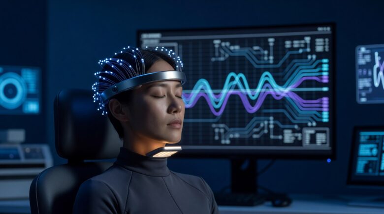 A human brain connected to a digital machine interface representing neural interface technology