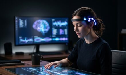 Person wearing a neural interface wearable device interacting with a digital screen using brain signals