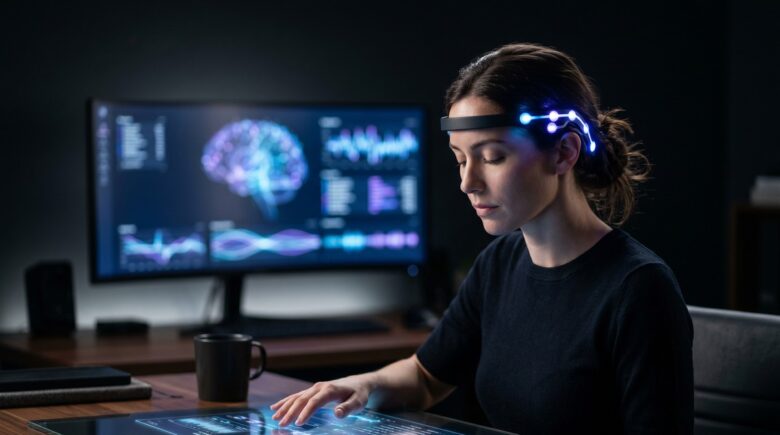Person wearing a neural interface wearable device interacting with a digital screen using brain signals