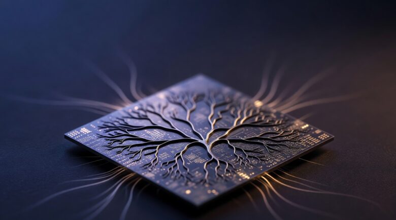 Close-up of a neuromorphic chip designed for advanced AI hardware processing