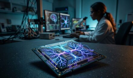 Neuromorphic chip with brain-inspired circuit patterns representing the future of computing