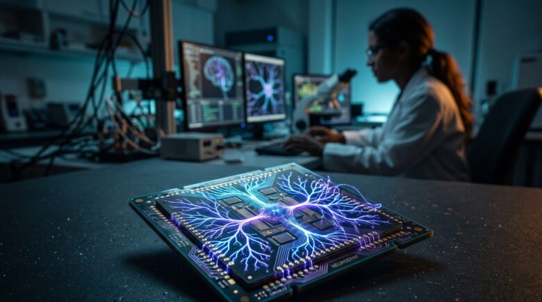 Neuromorphic chip with brain-inspired circuit patterns representing the future of computing