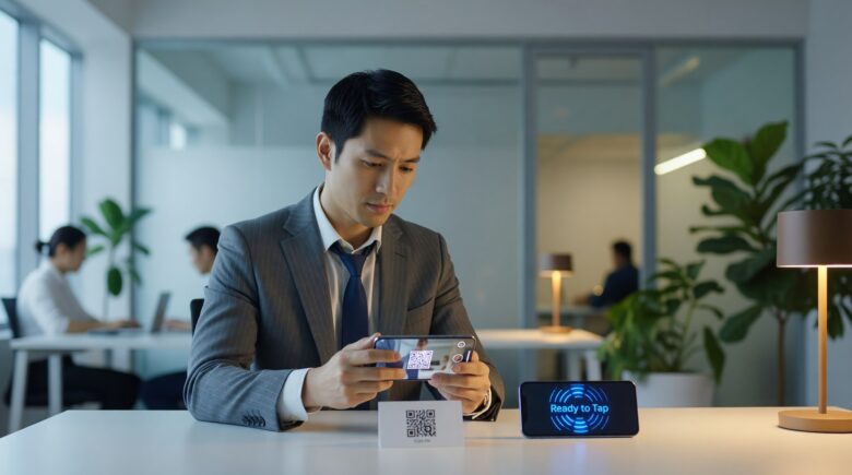 Side-by-side comparison of NFC phone tools and QR code apps on a smartphone screen
