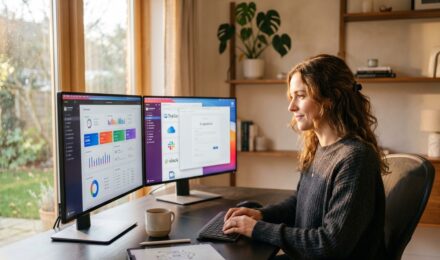 Freelancer working on a laptop with digital documents and paperless workflow tools on screen in 2026