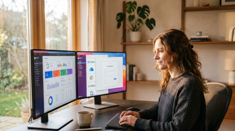 Freelancer working on a laptop with digital documents and paperless workflow tools on screen in 2026