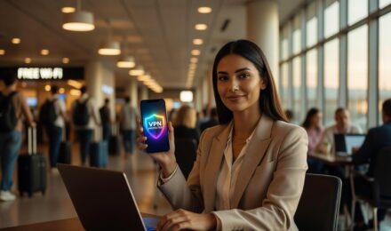 Remote worker using a phone VPN app to stay secure on public Wi-Fi at a coffee shop