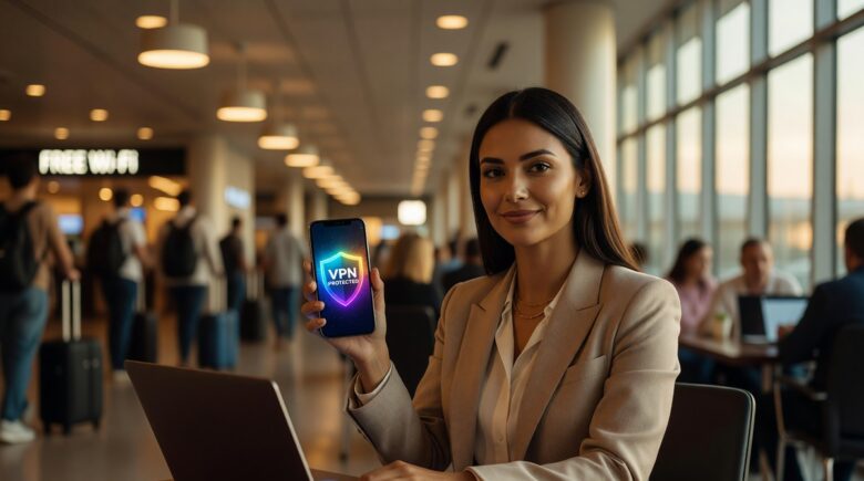 Remote worker using a phone VPN app to stay secure on public Wi-Fi at a coffee shop