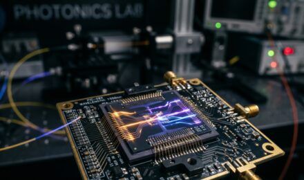 Close-up of a photonic chip emitting light beams representing the future of high-speed optical computing technology