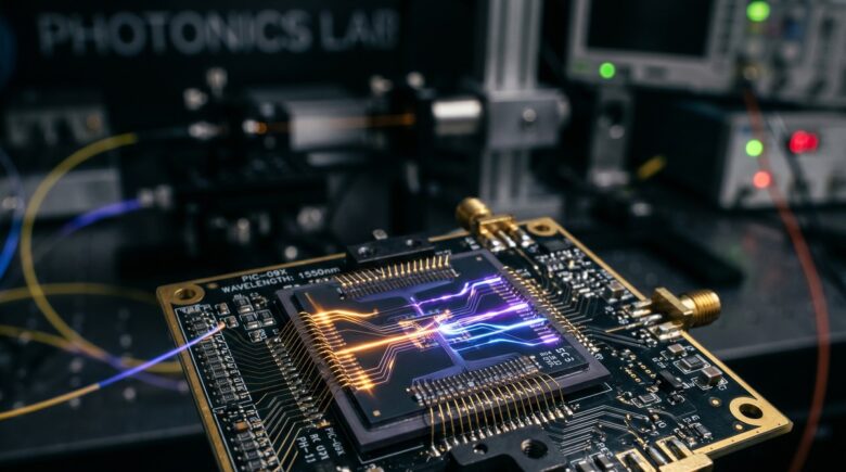 Close-up of a photonic chip emitting light beams representing the future of high-speed optical computing technology