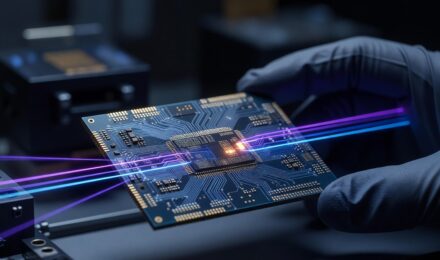Photonic computing chips using light beams instead of electrical signals on a futuristic circuit board