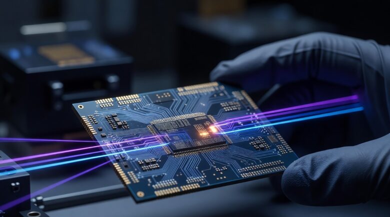 Photonic computing chips using light beams instead of electrical signals on a futuristic circuit board