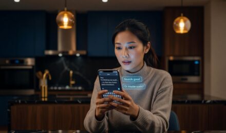 Smartphone keyboard showing predictive text AI assistant suggesting full sentences while typing