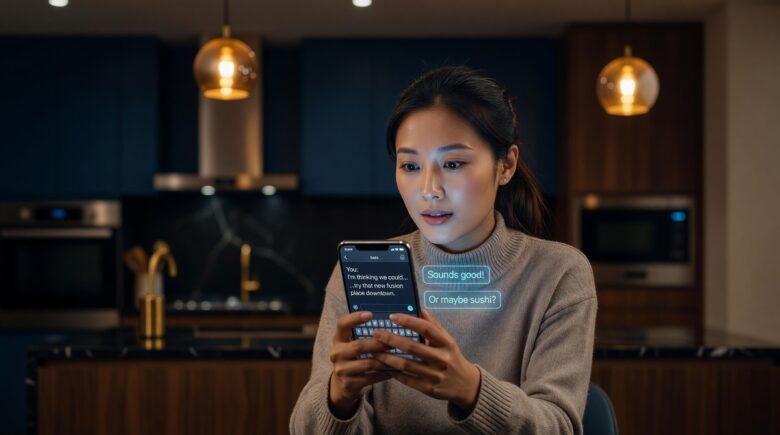 Smartphone keyboard showing predictive text AI assistant suggesting full sentences while typing