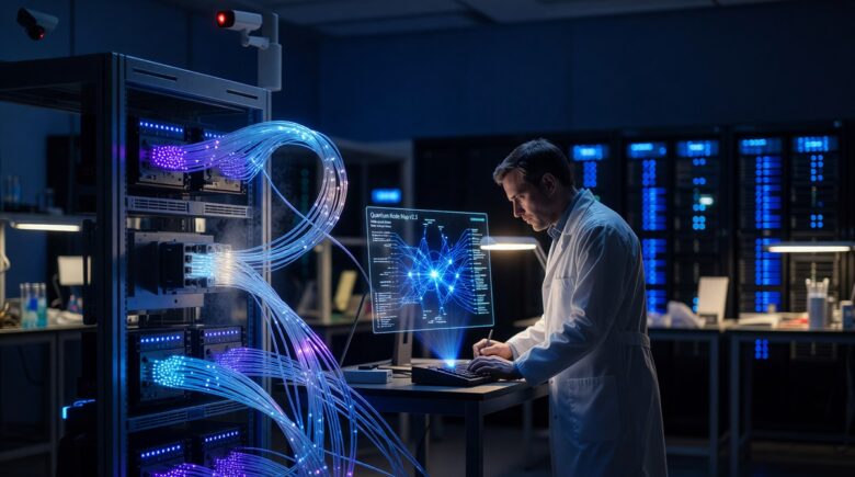 Glowing quantum network nodes connected by encrypted light beams representing the quantum networking internet