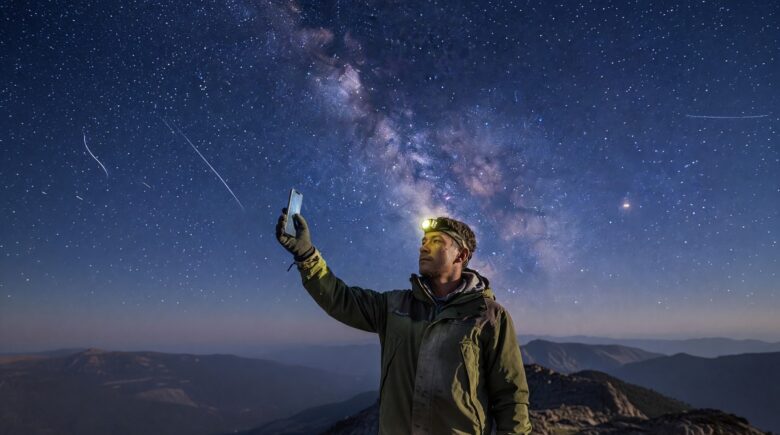 Smartphone connected to satellite network displaying always-on satellite phone connectivity above Earth