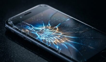 Self-healing material repairing a cracked smartphone screen surface