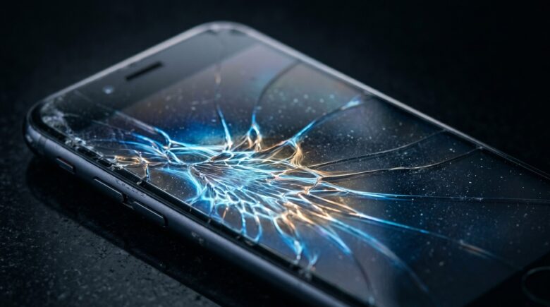 Self-healing material repairing a cracked smartphone screen surface