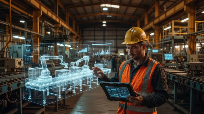 Small manufacturer using digital twin technology on a factory floor with 3D virtual model overlay