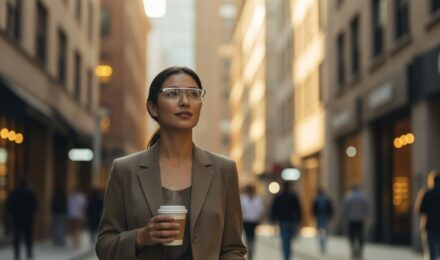 Person wearing modern smart glasses wearables in an urban everyday setting