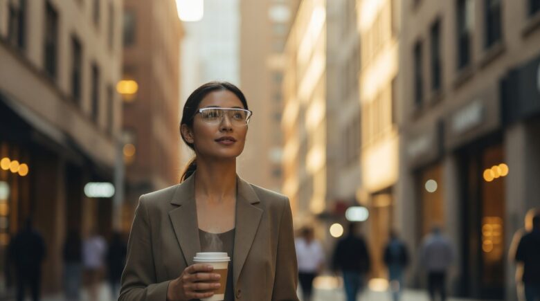 Person wearing modern smart glasses wearables in an urban everyday setting