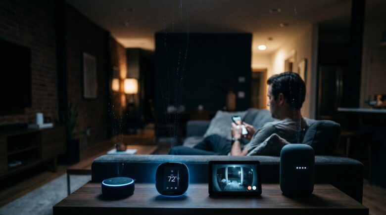 Smart home devices on a kitchen counter with a digital privacy warning overlay illustrating data collection risks