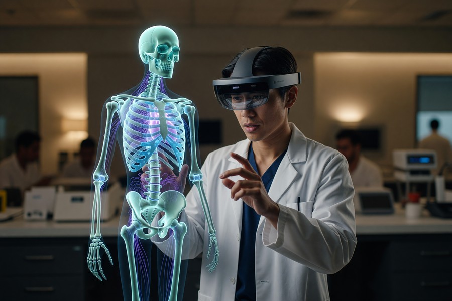 Surgeon using augmented reality headset to overlay CT scan data during an operation