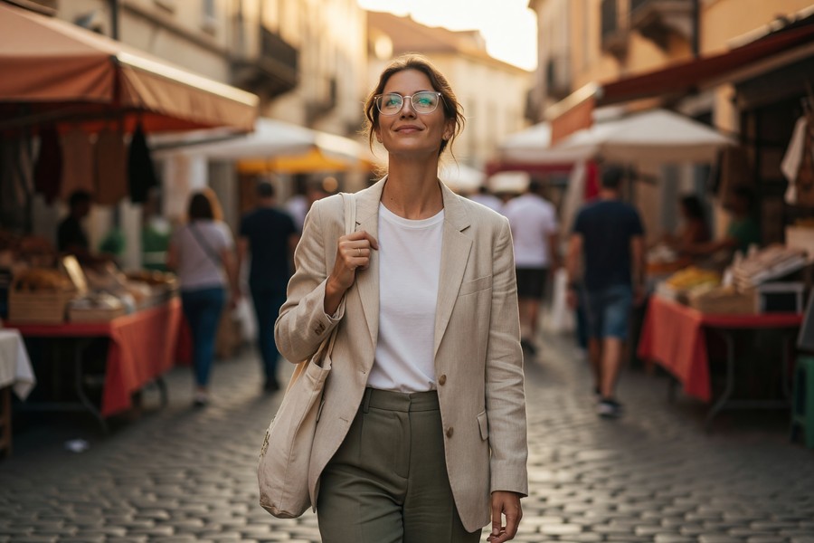 Consumer wearing lightweight AR smart glasses overlaying navigation data on a city street