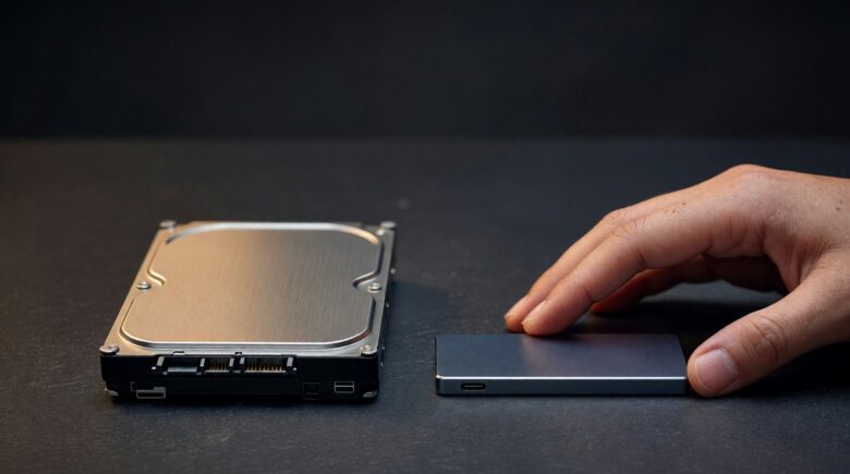 SSD vs HDD comparison showing a solid state drive and hard disk drive side by side