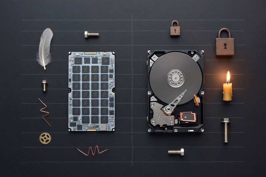 Speed benchmark bar chart comparing NVMe SSD versus 7200 RPM HDD performance