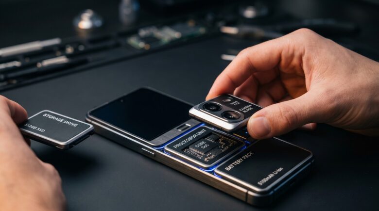 Stackable modular smartphone with detachable components showcasing modular smartphone design 2026