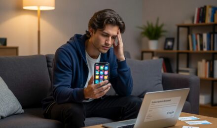 Person overwhelmed by multiple digital subscription apps on a smartphone screen illustrating subscription fatigue