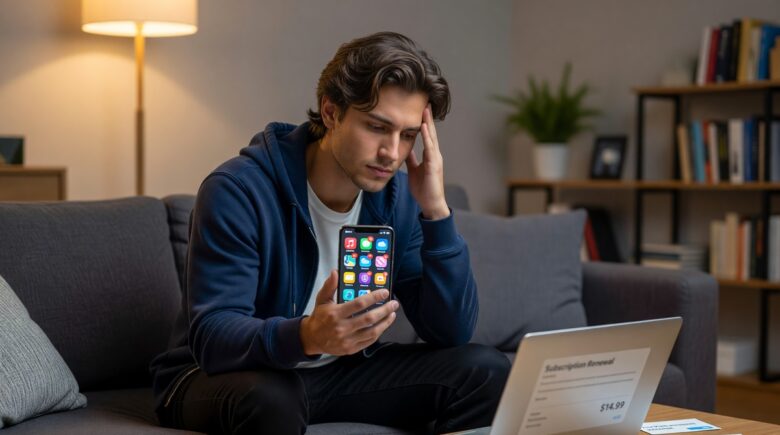 Person overwhelmed by multiple digital subscription apps on a smartphone screen illustrating subscription fatigue