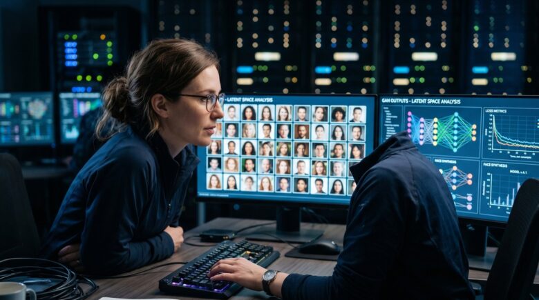 Synthetic data being used in AI training with neural network visualization