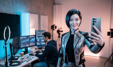 Virtual influencer posing on social media feed representing AI-driven digital personas