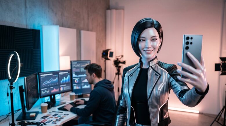 Virtual influencer posing on social media feed representing AI-driven digital personas