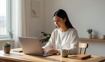 Person sitting calmly with a minimal desk setup representing digital minimalism