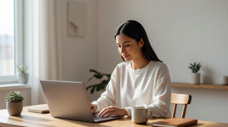 Person sitting calmly with a minimal desk setup representing digital minimalism